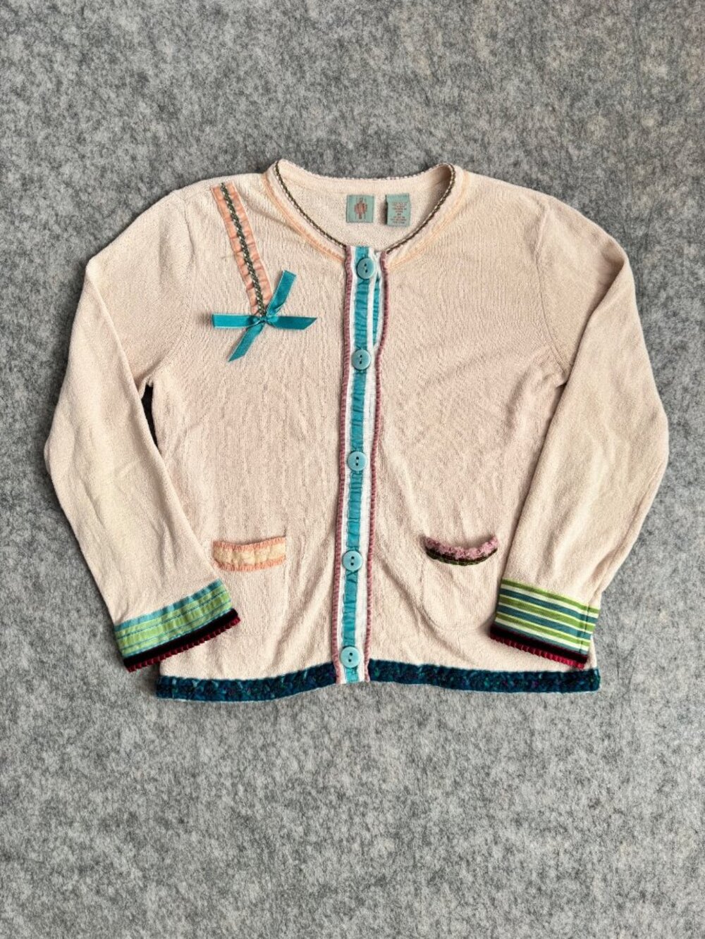 HWR Monogram Anthropologie Cardigan Sweater Cream Sz M Embellished Ribbon